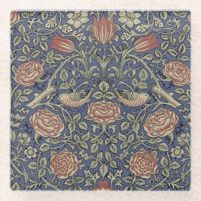 William Morris Tudor Rose Wallpaper Glass Coaster (Front)