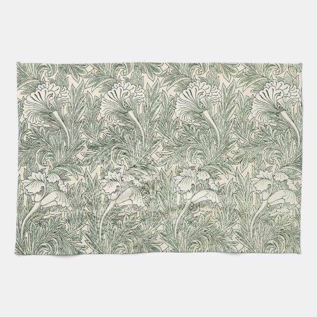 William Morris Tulip Wallpaper Classic Green Tea Towel (Horizontal)