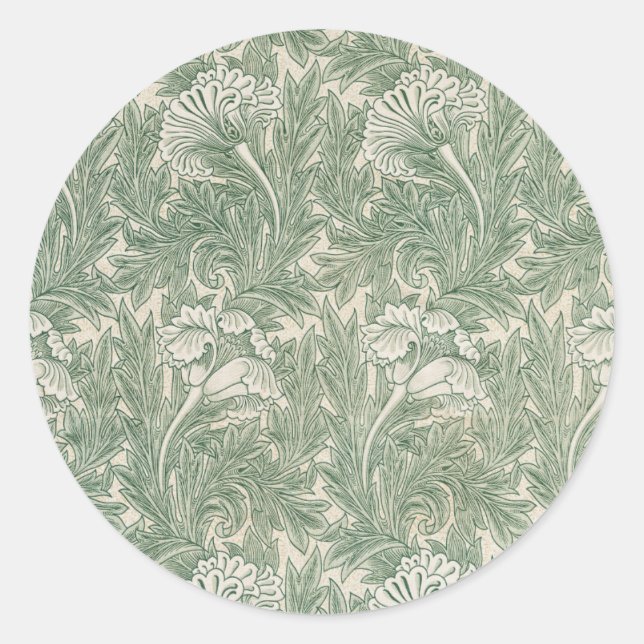 William Morris tulip wallpaper textile green Classic Round Sticker (Front)
