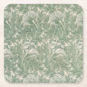 William Morris tulip wallpaper textile green Square Paper Coaster