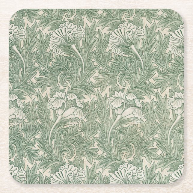 William Morris tulip wallpaper textile green Square Paper Coaster (Front)