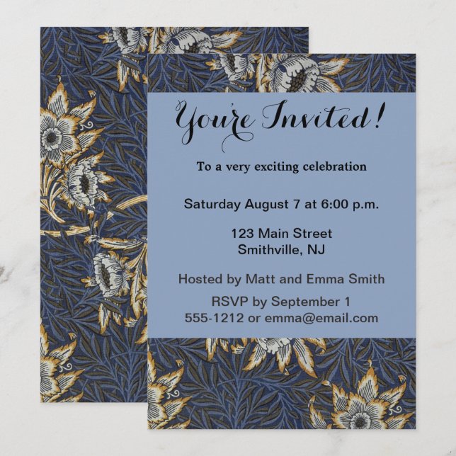 William Morris Tulip Willow Pattern Blue Floral Invitation (Front/Back)