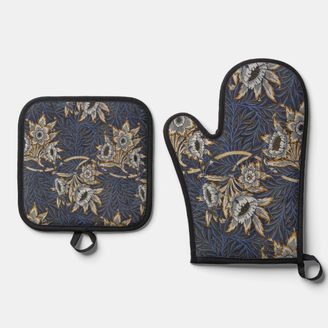 William Morris Tulip Willow Pattern Blue Floral Oven Mitt & Pot Holder Set (Front)
