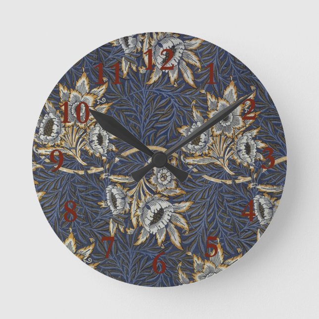 William Morris Tulip Willow Pattern Blue Floral Round Clock (Front)