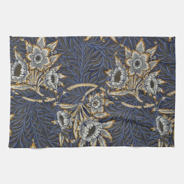 William Morris Tulip Willow Pattern Blue Floral Tea Towel (Horizontal)