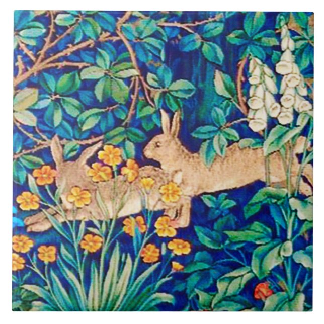 William Morris "Two Hares" - Wild Rabbits Ceramic Tile (Front)