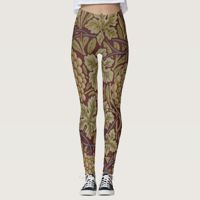 William Morris Vine Grape Red Green Art Leggings (Front)