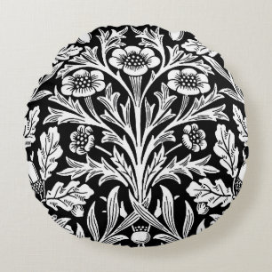 William Morris Vintage Black White Oak Pattern Round Cushion
