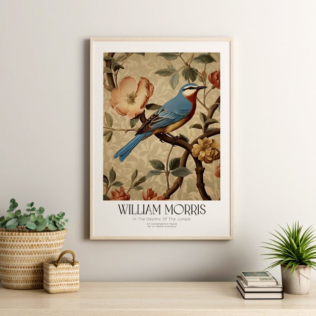 William Morris Vintage Blue Bird with Blossoms Poster (William Morris Vintage Blue Bird with Blossoms Poster in a neutral boho livingroom with house plants)
