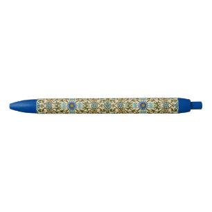 William Morris Vintage Blue Vine Seamless Pattern Black Ink Pen
