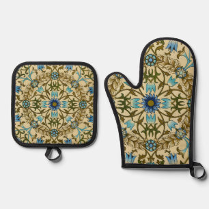 William Morris Vintage Blue Vine Seamless Pattern Oven Mitt & Pot Holder Set