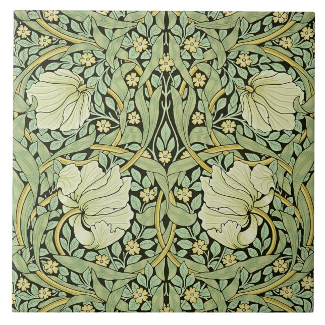 William Morris vintage design, Pimpernel in Green Ceramic Tile (Front)