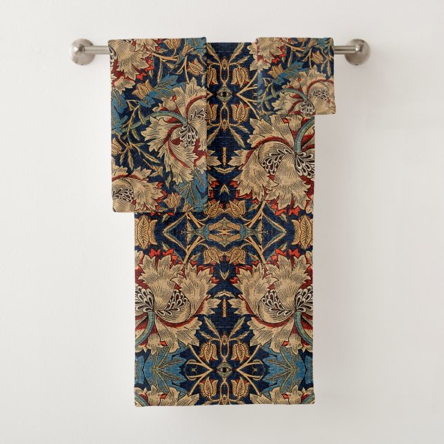 William Morris Vintage Floral Pattern Red Blue     Bath Towel Set (Insitu)