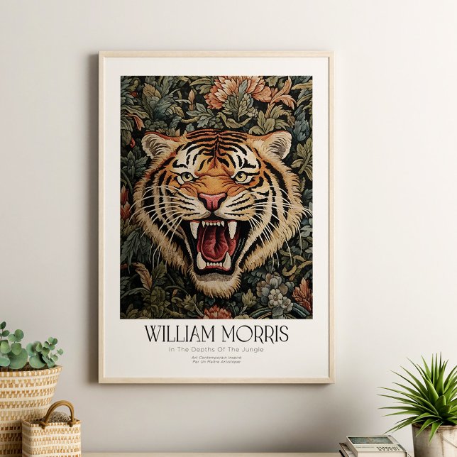 William Morris Vintage Floral Tiger Poster (William Morris Vintage Floral Tiger Poster in a neutral boho living room in a wooden frame)