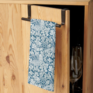 William Morris Vintage Flowers Birds Blue White Tea Towel