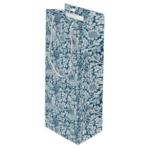 William Morris Vintage Flowers Birds Blue White Wine Gift Bag