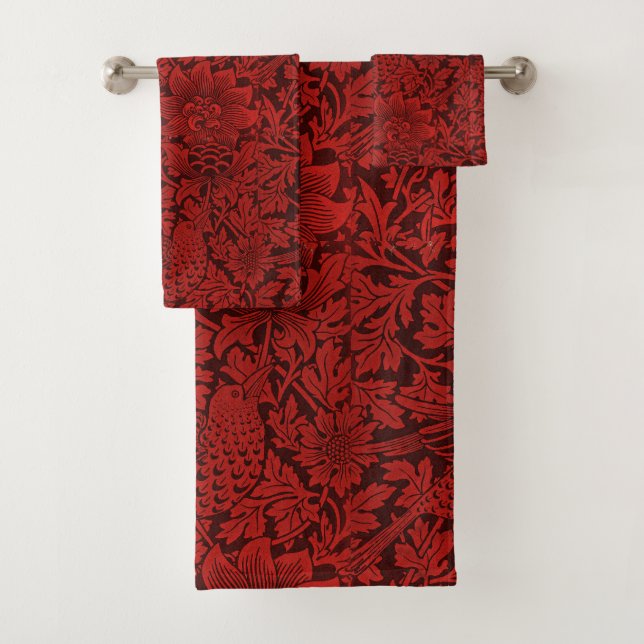 William Morris Vintage Flowers Birds Red           Bath Towel Set (Insitu)