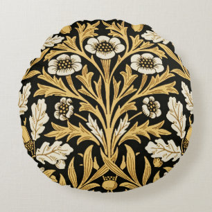 William Morris Vintage Gold Black Oak Pattern Round Cushion