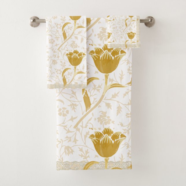 William Morris Vintage Gold Tulip Towel (Insitu)
