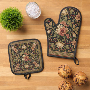 William Morris vintage Honeysuckle Floral pattern Oven Mitt & Pot Holder Set