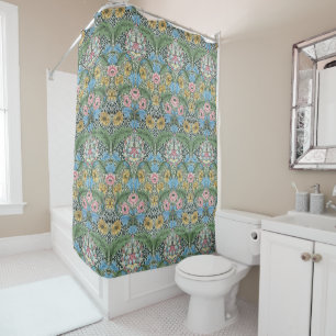 William Morris Vintage Myrtle Flowers Yellow Blue  Shower Curtain