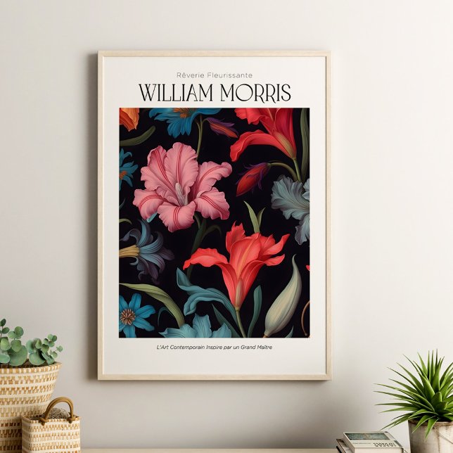 William Morris Vintage Pink Lilly  Poster (William Morris Vintage Pink Lilly Poster in a boho neutral living room with house plants.)