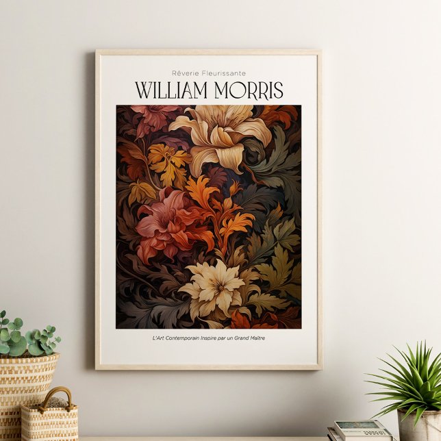 William Morris Vintage Terracotta Autumn Flowers Poster (William Morris Vintage Terracotta Autumn Flowers Poster in a neutral boho living room)