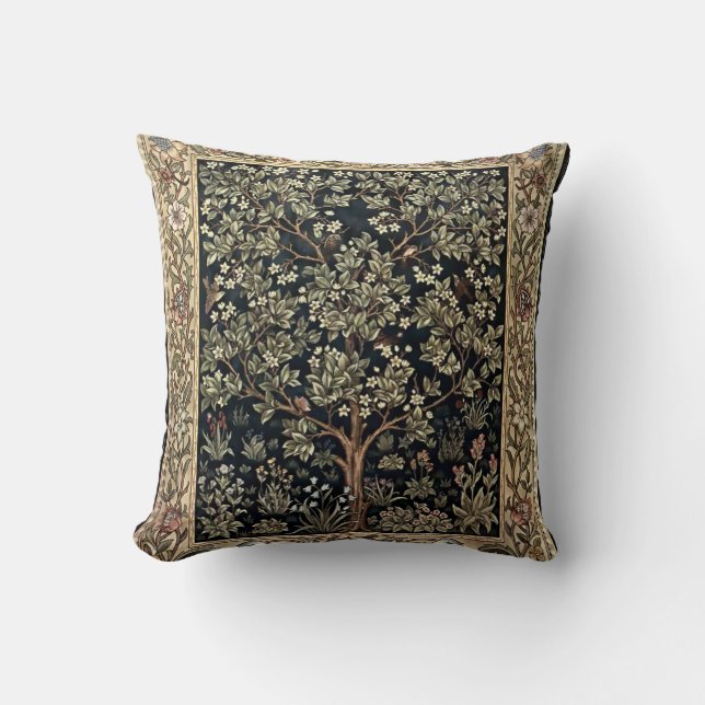 William Morris Vintage Tree & Birds. Cushion (Front)