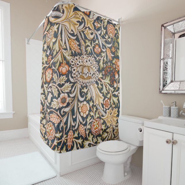 William Morris Vintage Trent Blue Floral Pattern Shower Curtain (In Situ)