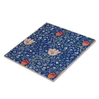 William Morris Vintage Tulip Floral Indigo Pattern Ceramic Tile