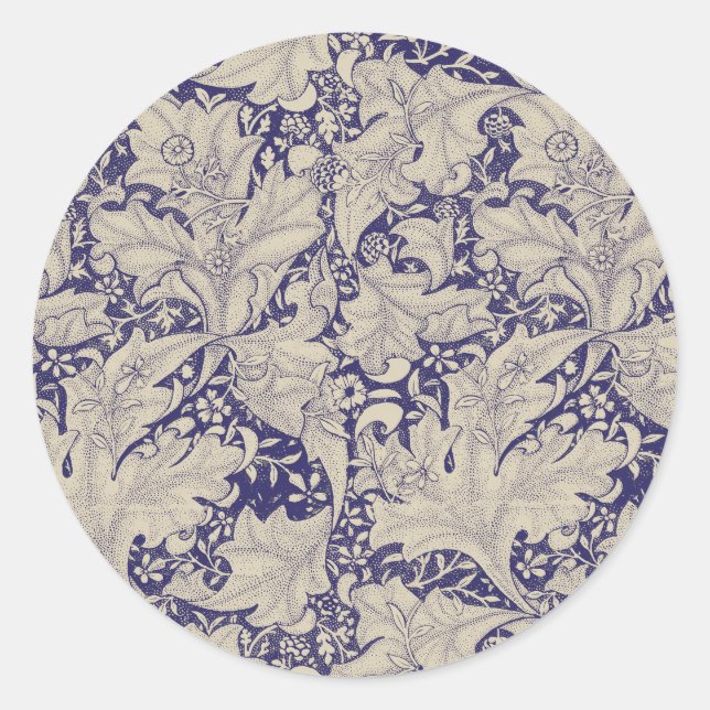 William Morris Wallflower floral blue damask  Classic Round Sticker (Front)