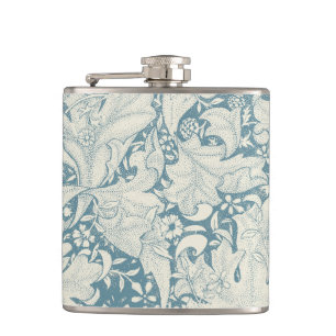 William Morris Wallflower floral blue damask  Hip Flask