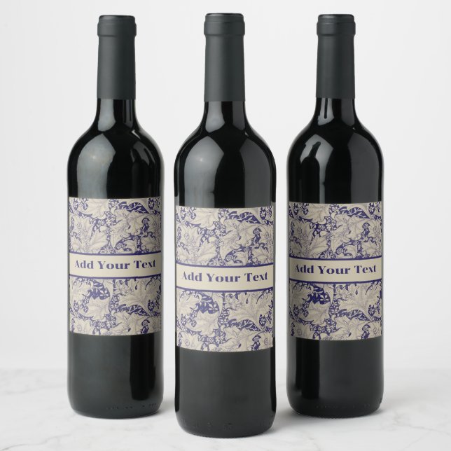 William Morris Wallflower floral blue damask  Wine Label (Bottles)
