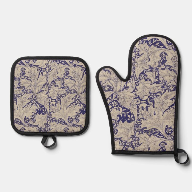 William Morris Wallflower Pattern Antique Blue Oven Mitt & Pot Holder Set (Front)