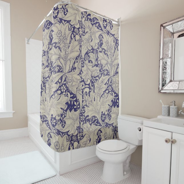 William Morris Wallflower Pattern Antique Blue Shower Curtain (In Situ)