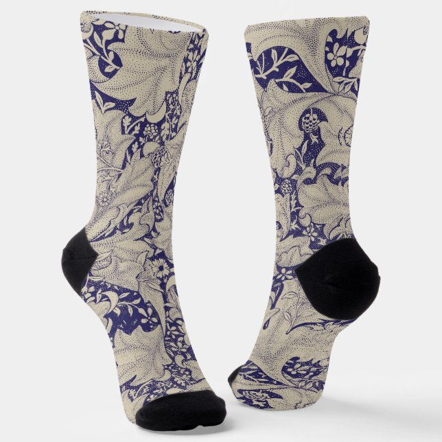 William Morris Wallflower Pattern Antique Blue Socks (Angled)