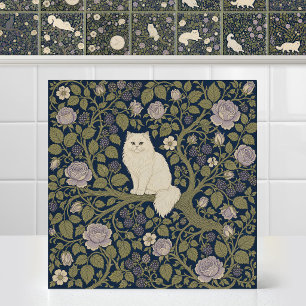 William Morris White Persian Cat Branch Bower Ceramic Tile