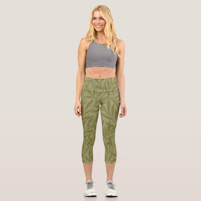 William Morris Willow Antique Green Leaf Vine Art Capri Leggings (Front)