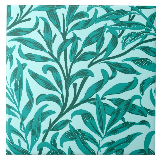 William Morris Willow Bough, Turquoise and Aqua Ceramic Tile (Front)