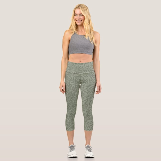 William Morris Willow Pattern Antique Sage Green Capri Leggings (Front)