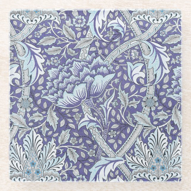 William Morris Windrush Blue Pattern Floral Glass Coaster (Front)