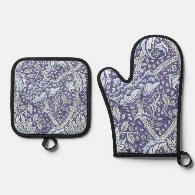 William Morris Windrush Blue Pattern Floral Oven Mitt & Pot Holder Set (Front)