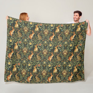 William Morris Woodland Floral Rabbits Christmas Fleece Blanket
