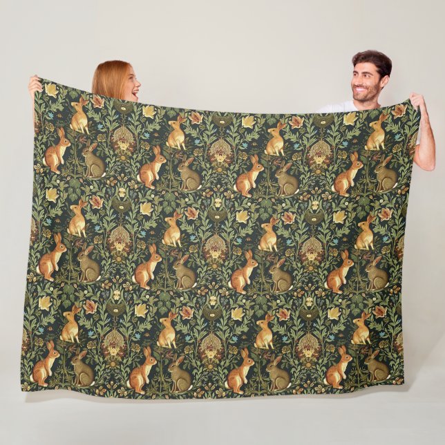 William Morris Woodland Floral Rabbits Christmas Fleece Blanket (In Situ)