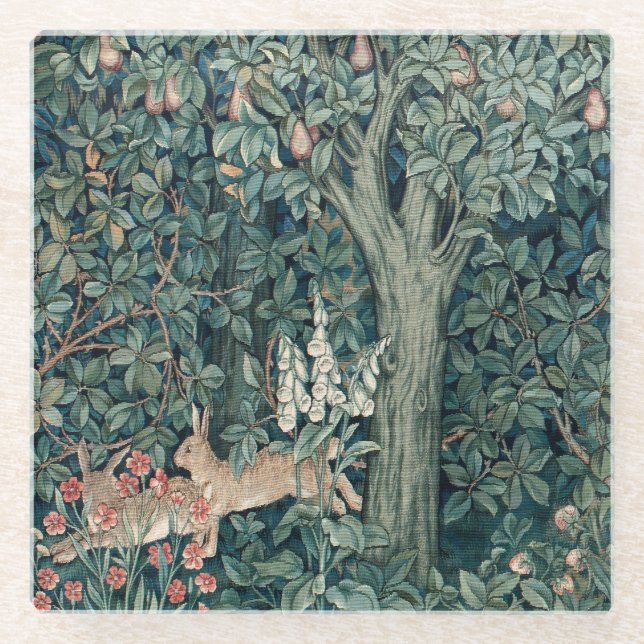 William Morris Woodland Tapestry Rabbits Glass Coaster (Front)