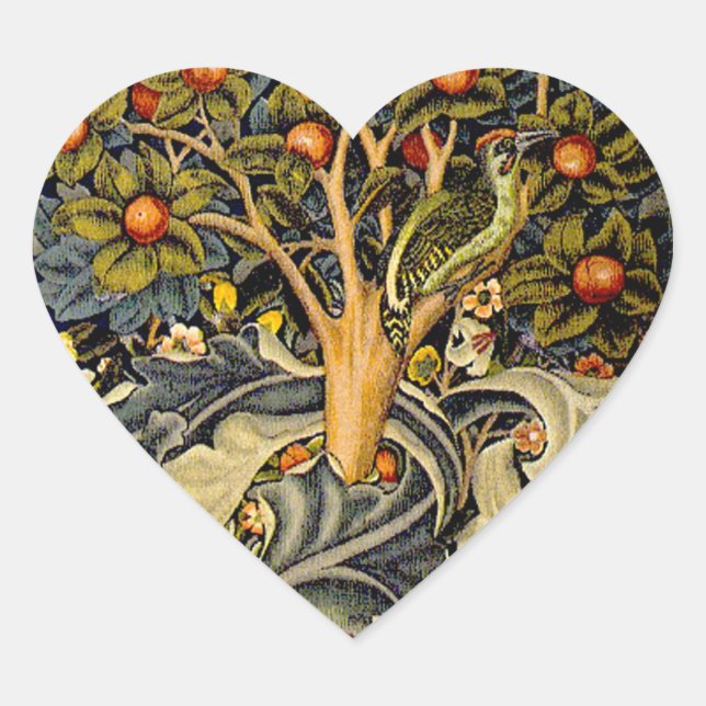 William Morris Woodpecker Tapestry Arts & Crafts  Heart Sticker (Front)