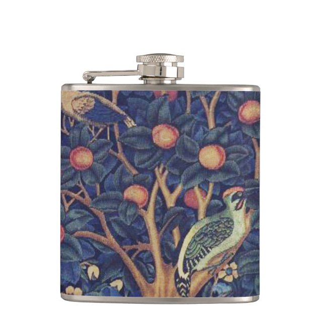 William Morris Woodpecker Tapestry Arts & Crafts  Hip Flask (Front)