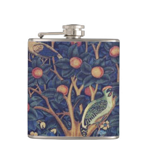 William Morris Woodpecker Tapestry Birds Floral Hip Flask