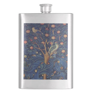 William Morris Woodpecker Tapestry Blue Design Hip Flask