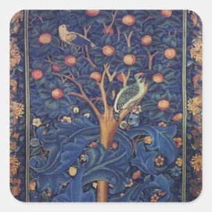 William Morris Woodpecker Tapestry Blue Design Square Sticker